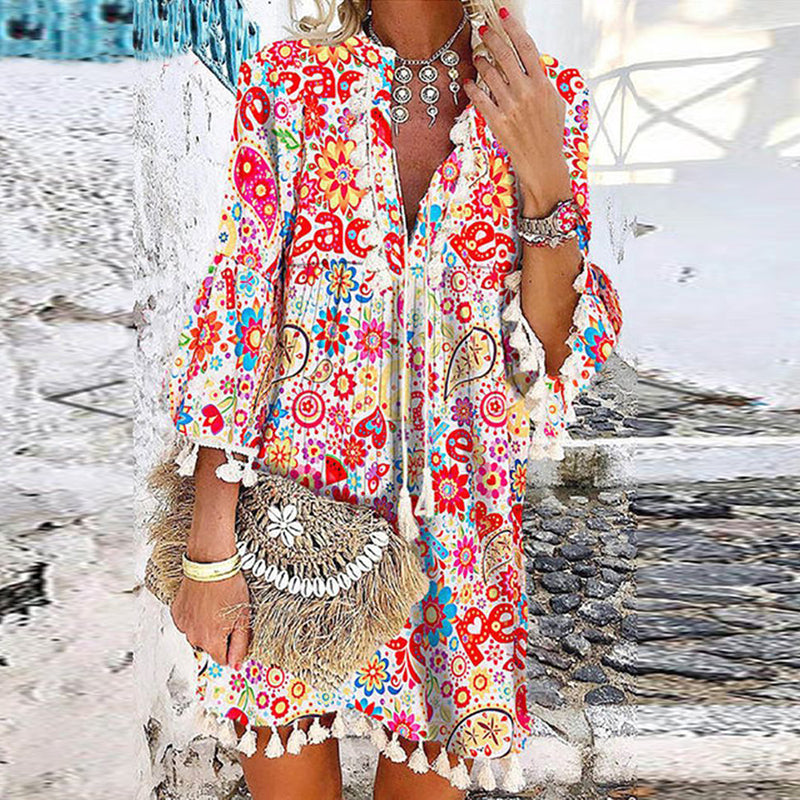 LM | Printed vintage dress with V-neckline