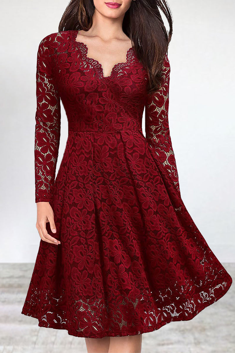 LM | Celebrities Elegant Solid Lace V Neck A Line Dresses(5 Colors)