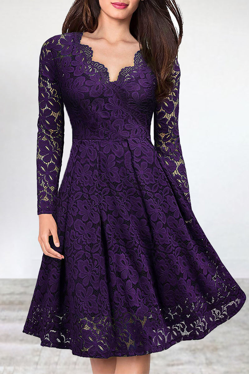 LM | Celebrities Elegant Solid Lace V Neck A Line Dresses(5 Colors)