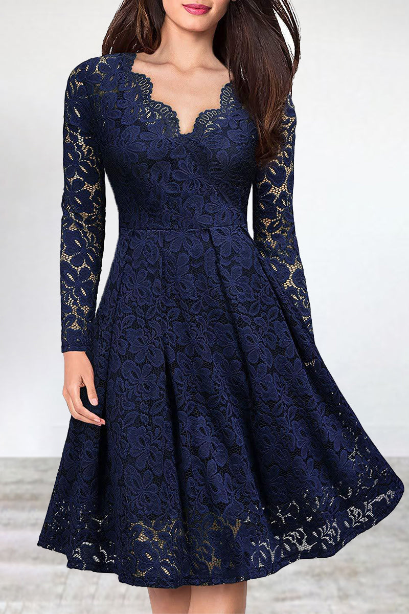 LM | Celebrities Elegant Solid Lace V Neck A Line Dresses(5 Colors)