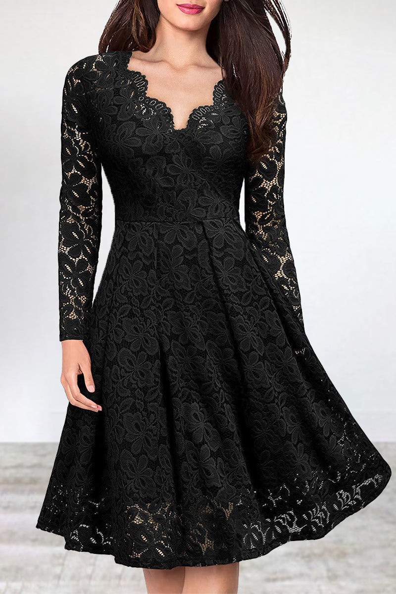 LM | Celebrities Elegant Solid Lace V Neck A Line Dresses(5 Colors)