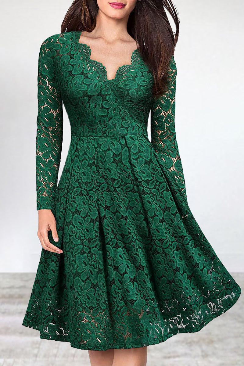 LM | Celebrities Elegant Solid Lace V Neck A Line Dresses(5 Colors)