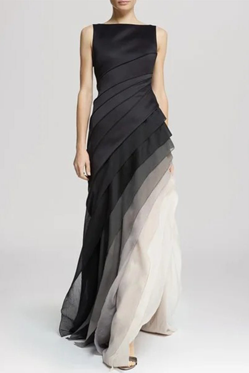 LM | Elegant Gradual Change Color Block Contrast Asymmetrical Collar Evening Dresses Dresses