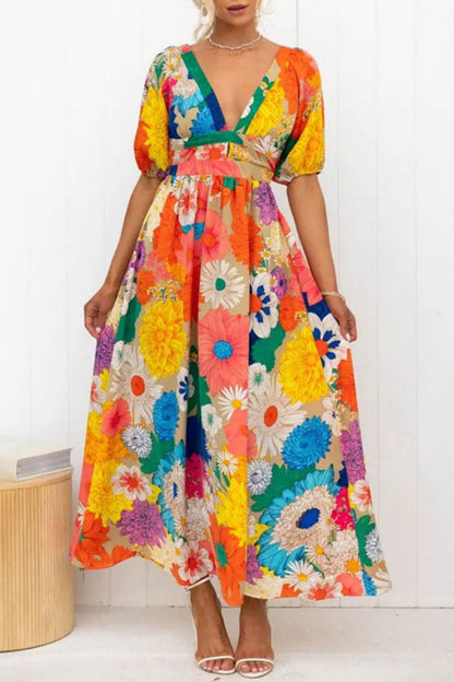 LM | Sweet Elegant Floral Patchwork V-Neck Printed Dresses Dresses