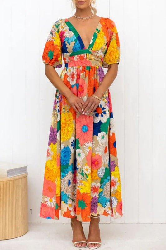LM | Sweet Elegant Floral Patchwork V-Neck Printed Dresses Dresses