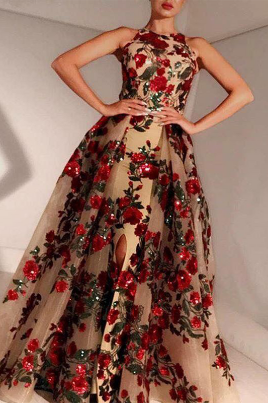 LM | Elegant Solid Sequins Slit O Neck Evening Dresses