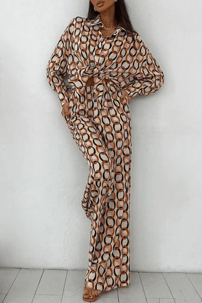 LM | Casual Geometric print Buttons Turn-down collar Long sleeve Two-piece