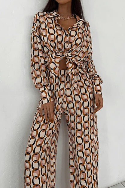 LM | Casual Geometric print Buttons Turn-down collar Long sleeve Two-piece