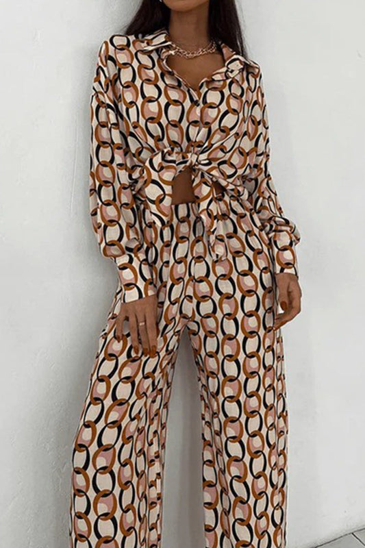 LM | Casual Geometric print Buttons Turn-down collar Long sleeve Two-piece