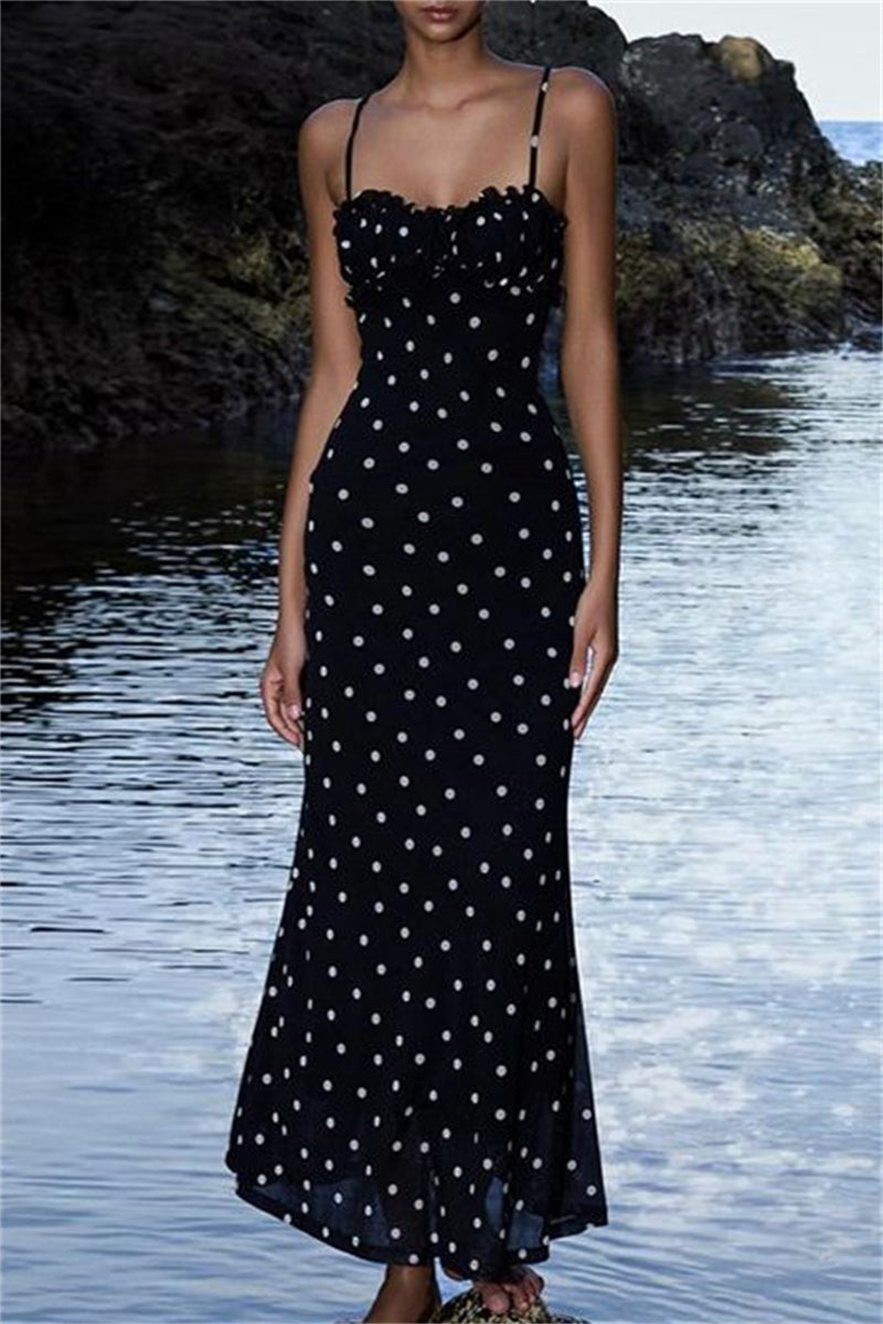 LM | Sexy Casual Polka Dot Print Backless Spaghetti Strap Long Dresses