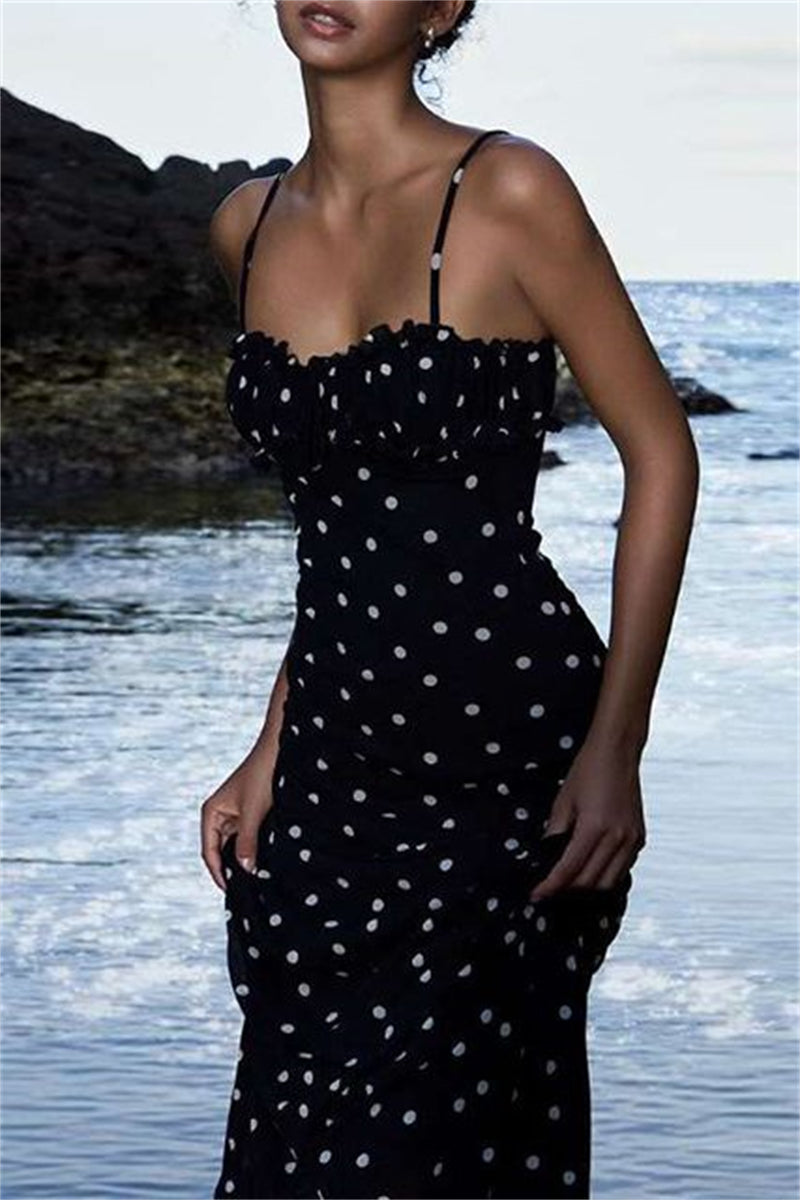 LM | Sexy Casual Polka Dot Print Backless Spaghetti Strap Long Dresses