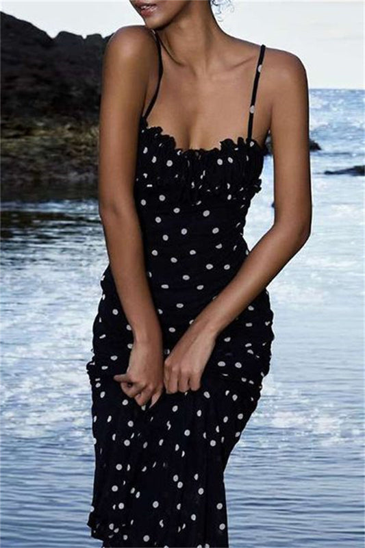 LM | Sexy Casual Polka Dot Print Backless Spaghetti Strap Long Dresses