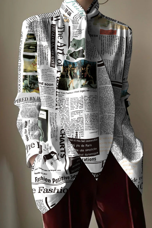 LM | Casual newspaper print mandarin collar blouses