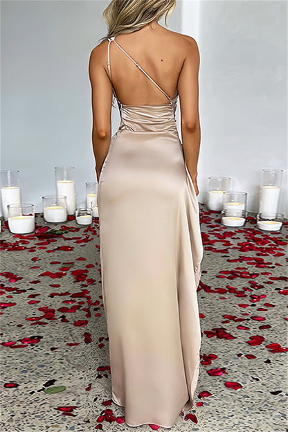 LM | Sexy Party Formal Backless Slit Ruched Oblique Collar Long Dresses(11 Colors)