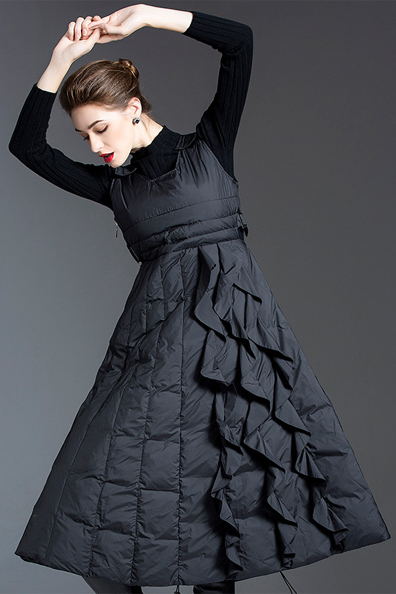LM | Casual Pocket Ruffle Adjustable White Duck Bottom Square Neck Sleeveless Dresses