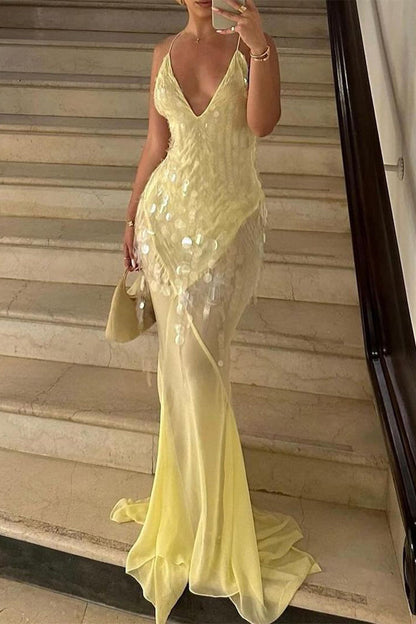 LM | Sexy Party Fringed Sequin Backless Fishtail V Neck Fishtail Dresses