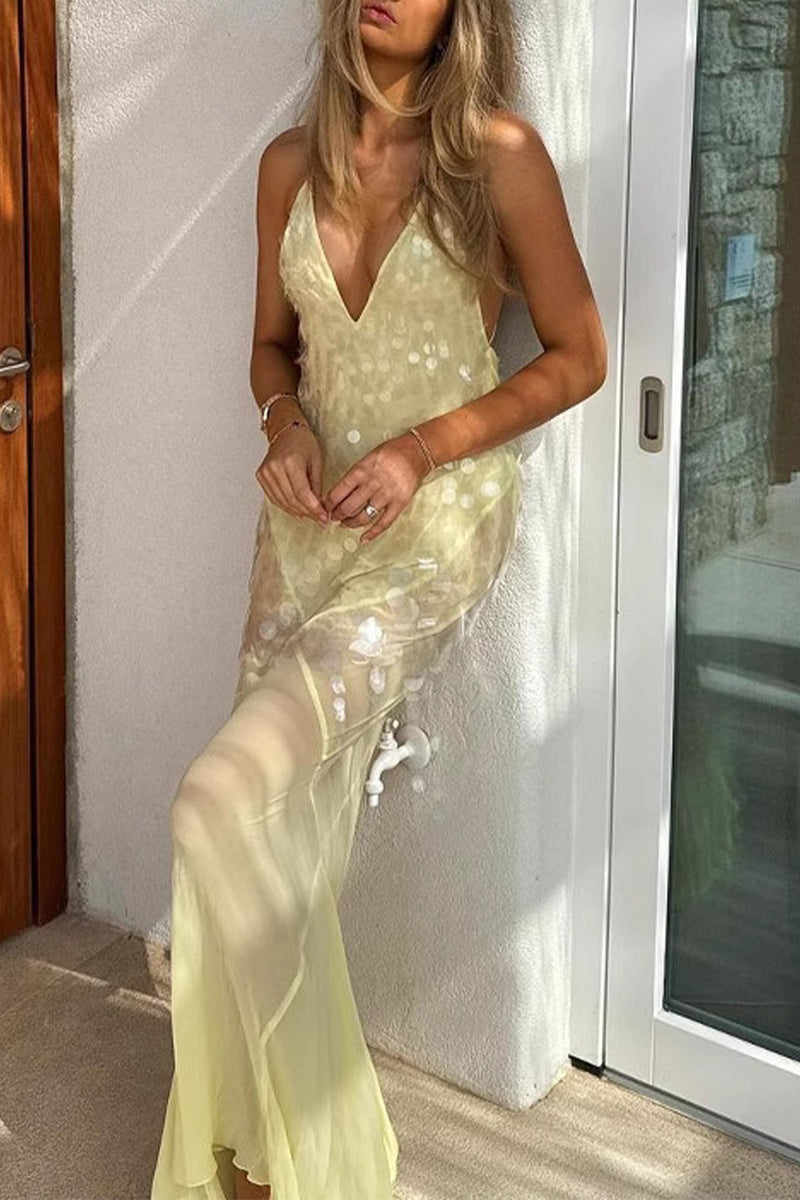 LM | Sexy Party Fringed Sequin Backless Fishtail V Neck Fishtail Dresses