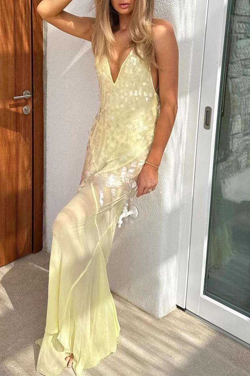 LM | Sexy Party Fringed Sequin Backless Fishtail V Neck Fishtail Dresses