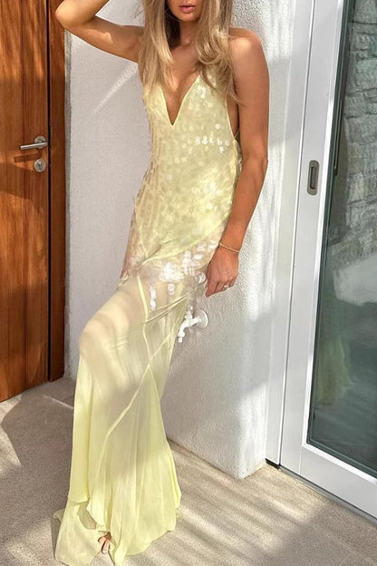 LM | Sexy Party Fringed Sequin Backless Fishtail V Neck Fishtail Dresses