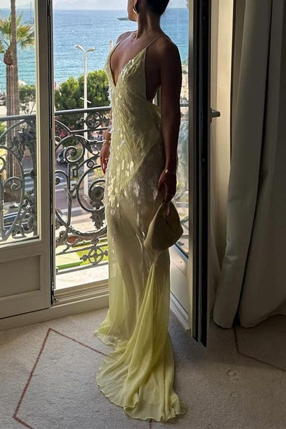 LM | Sexy Party Fringed Sequin Backless Fishtail V Neck Fishtail Dresses