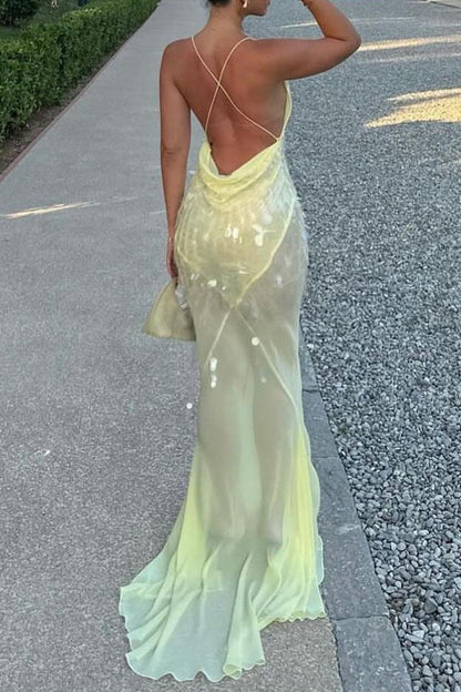 LM | Sexy Party Fringed Sequin Backless Fishtail V Neck Fishtail Dresses