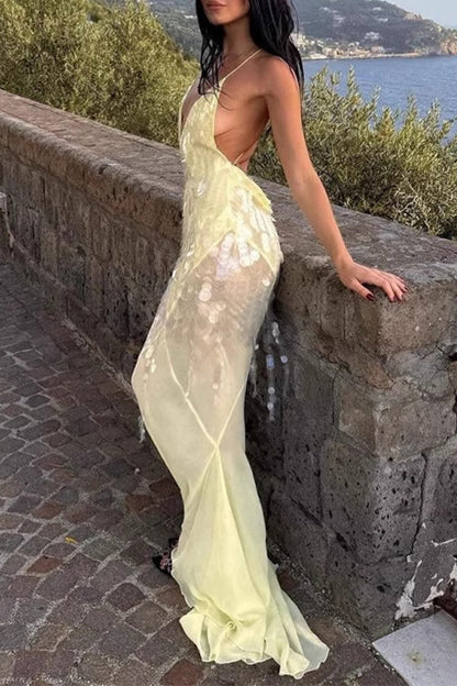 LM | Sexy Party Fringed Sequin Backless Fishtail V Neck Fishtail Dresses