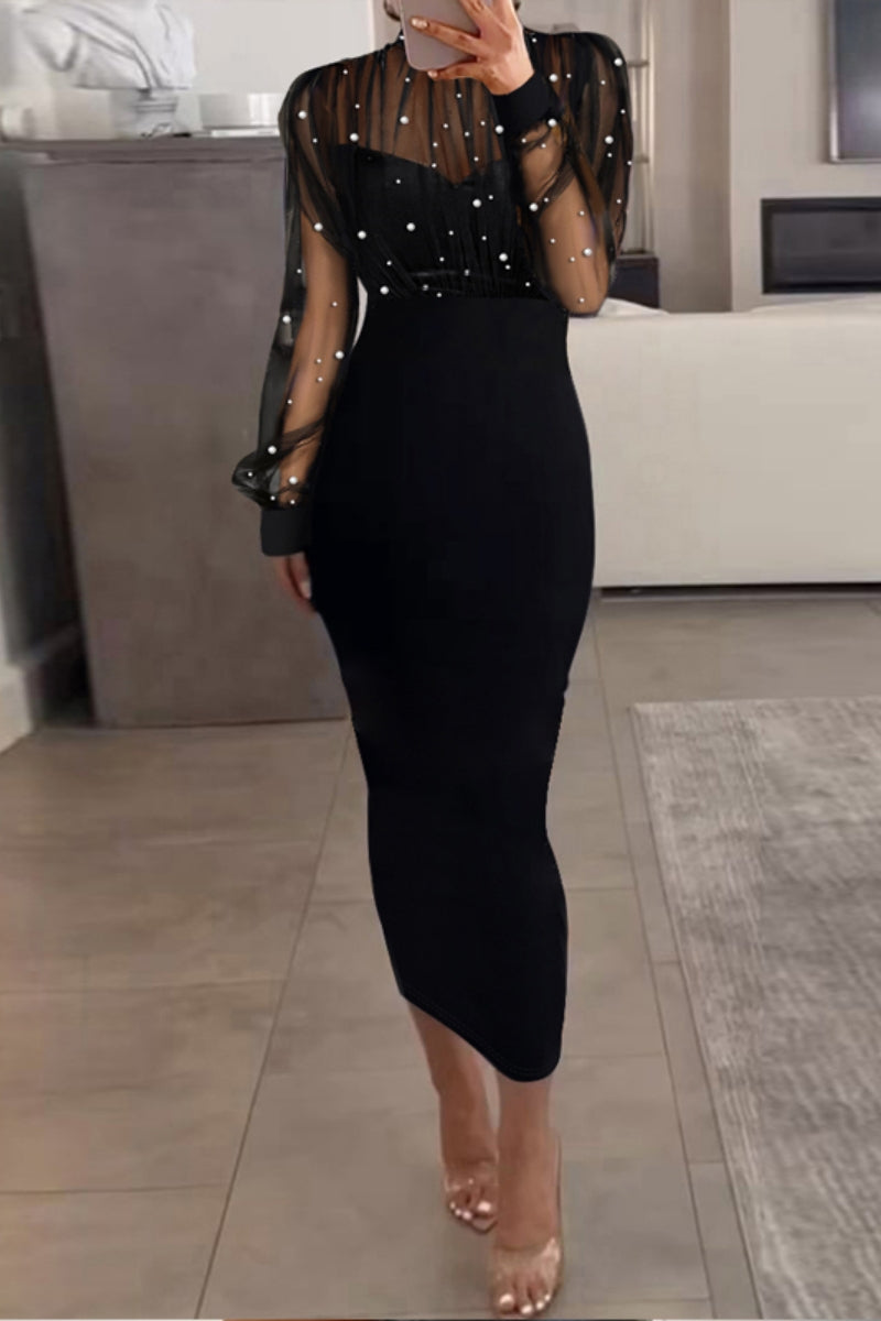 LM | Sexy Elegant Patchwork Sheer Beading Half A Turtleneck Long Sleeve Dresses