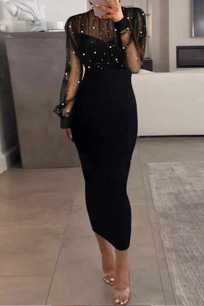 LM | Sexy Elegant Patchwork Sheer Beading Half A Turtleneck Long Sleeve Dresses