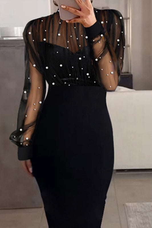 LM | Sexy Elegant Patchwork Sheer Beading Half A Turtleneck Long Sleeve Dresses