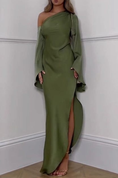LM | Elegant Slit Irregular Slanted Shoulder Long Dresses
