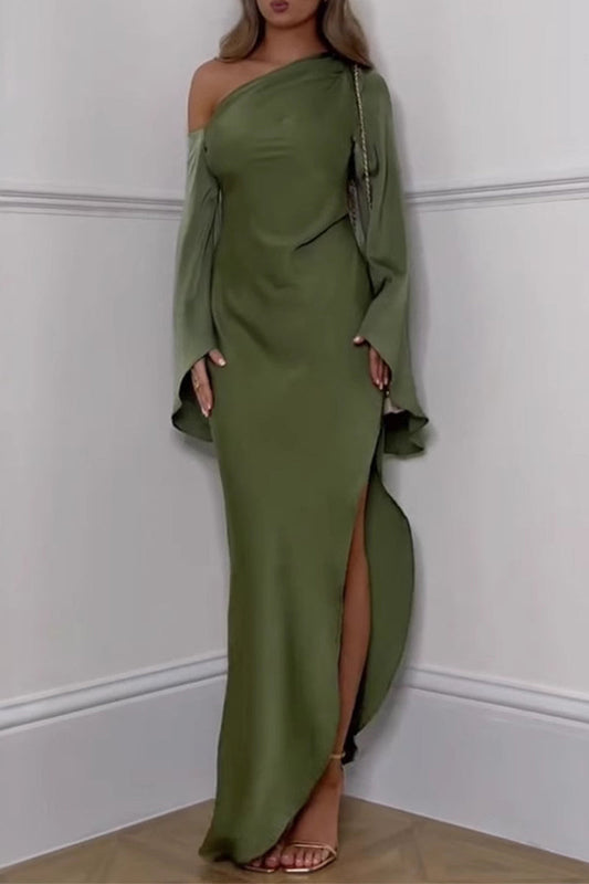 LM | Elegant Slit Irregular Slanted Shoulder Long Dresses