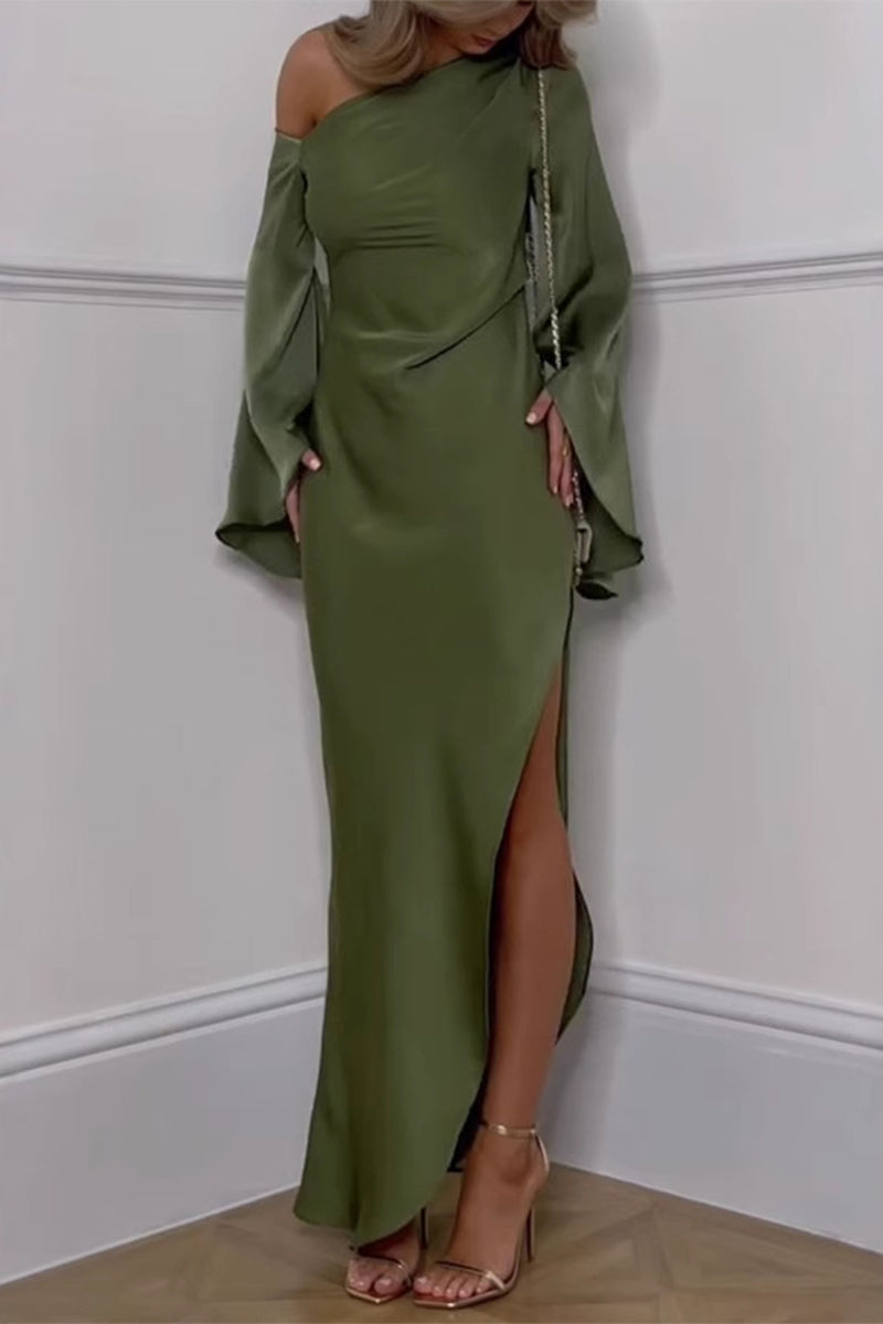 LM | Elegant Slit Irregular Slanted Shoulder Long Dresses