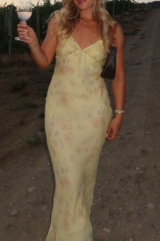 LM | Sexy Floral Patchwork Backless Flounce V-Neck Long Dresses