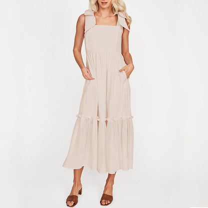 LM | Ladies One Color Tie Shoulder Ruffle Hem Maxi Dress