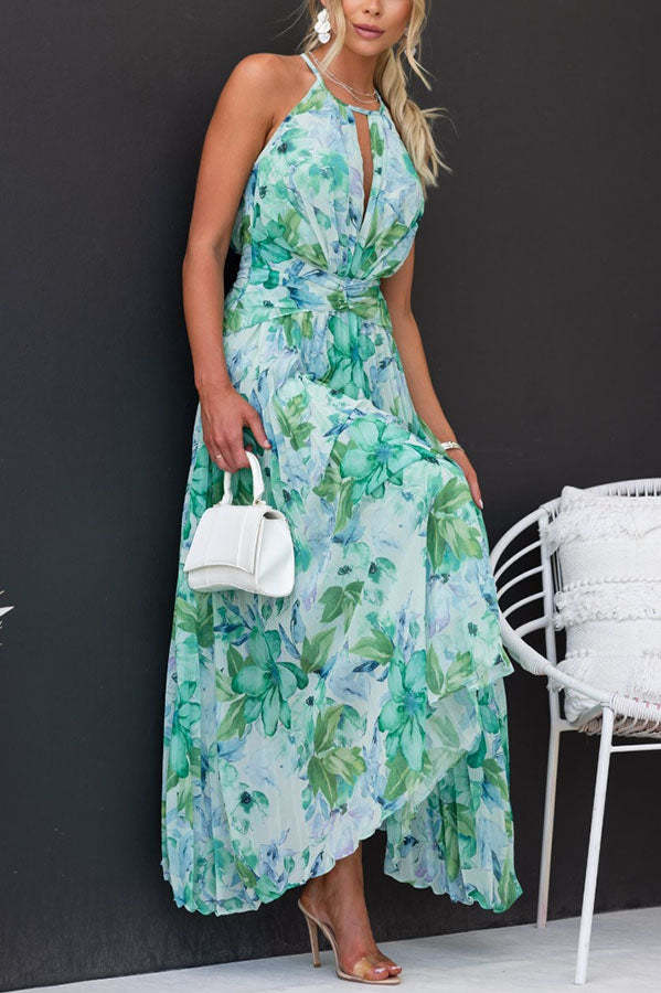 LM | pleated, mid-length dress with cut-out neckline and floral pattern