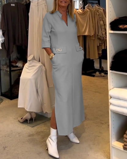 LM | Els|Single-colored dress with 3/4 sleeve slit