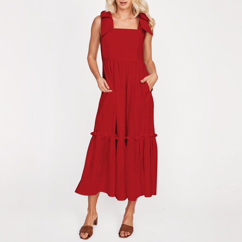 LM | Ladies One Color Tie Shoulder Ruffle Hem Maxi Dress