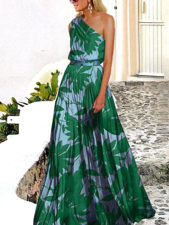 LM | Women -Maxi printed dress with one shoulder section
