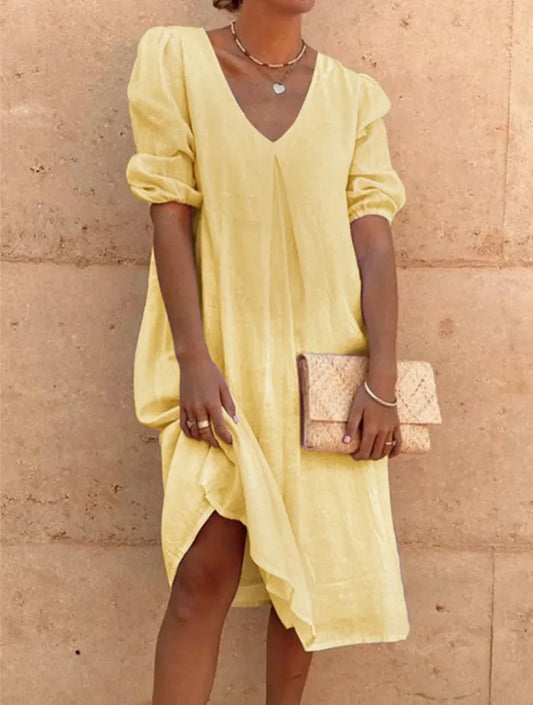 LM | Casual straight linen dress with V-neckline