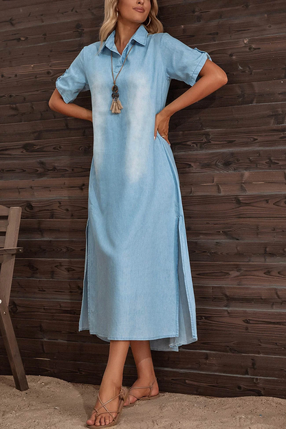 LM | Short-sleeved denim dress with lapels and side slits