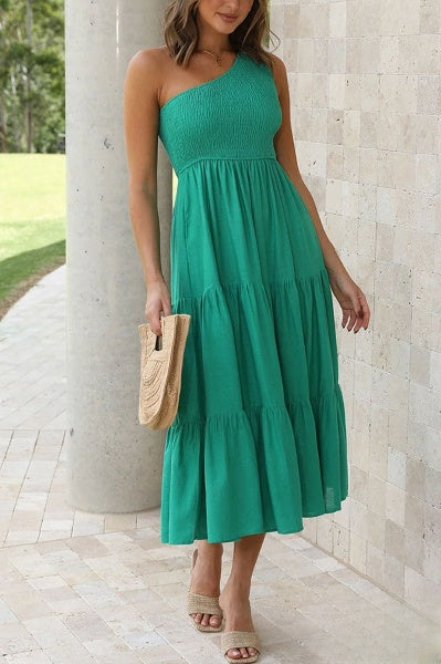 LM | Asymmetric midi dress with open shoulders and pockets