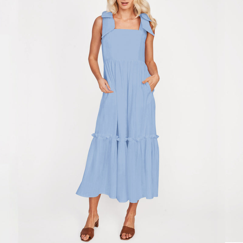LM | Ladies One Color Tie Shoulder Ruffle Hem Maxi Dress