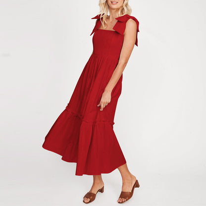 LM | Ladies One Color Tie Shoulder Ruffle Hem Maxi Dress