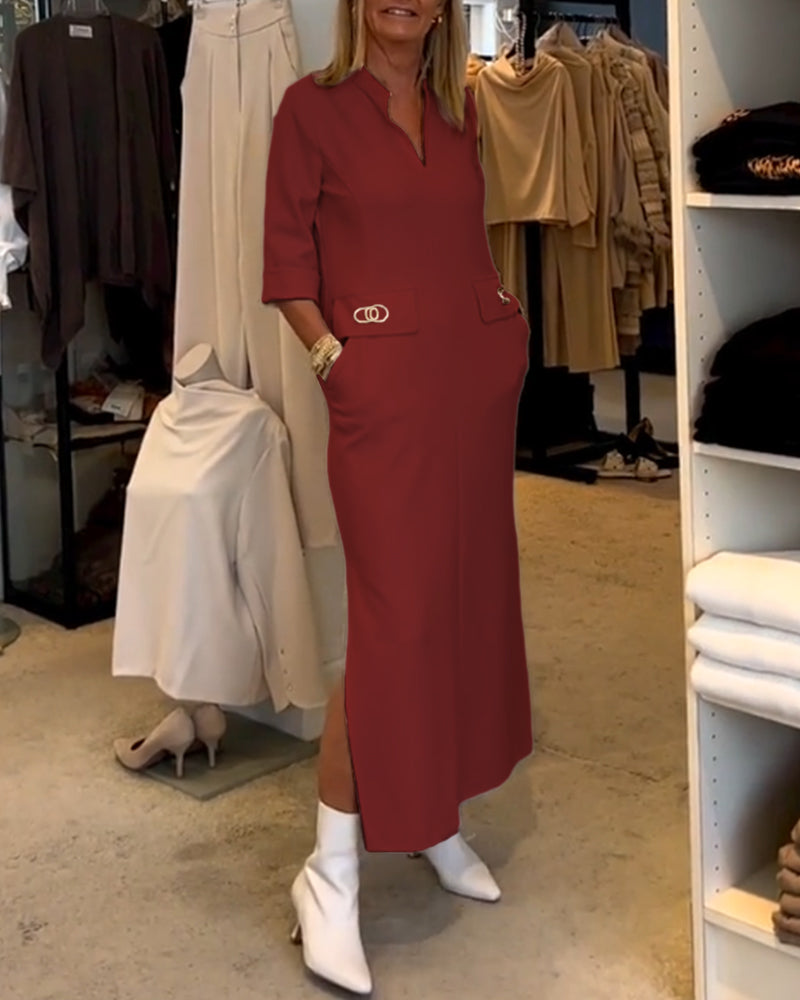 LM | Els|Single-colored dress with 3/4 sleeve slit