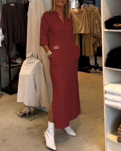 LM | Els|Single-colored dress with 3/4 sleeve slit