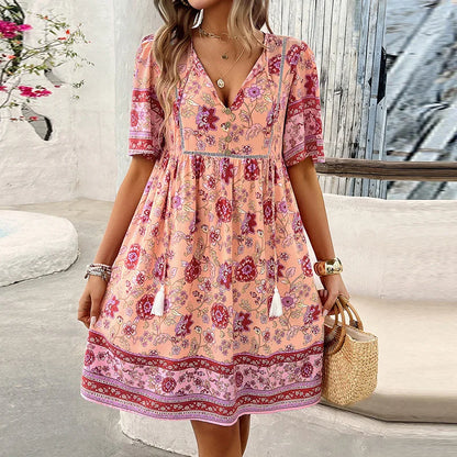 LM | Short-sleeved dress with V-neckline