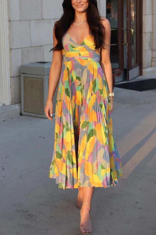LM | Printed high-waisted, pleated cami midi dress with V-neckline
