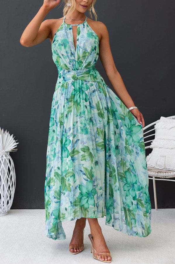 LM | pleated, mid-length dress with cut-out neckline and floral pattern