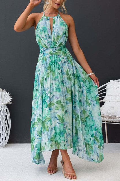 LM | pleated, mid-length dress with cut-out neckline and floral pattern