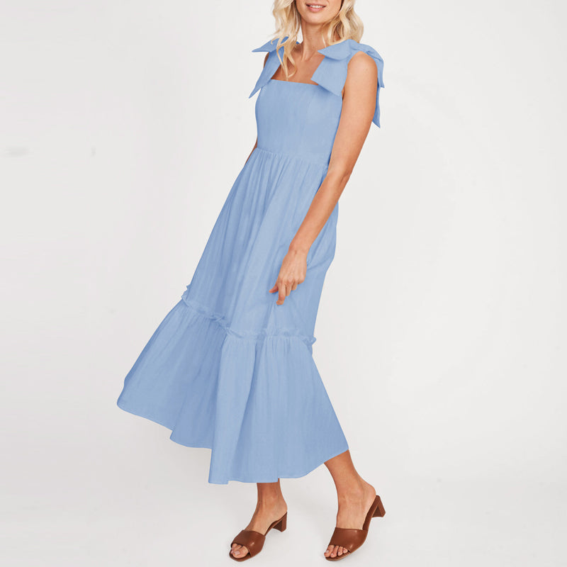 LM | Ladies One Color Tie Shoulder Ruffle Hem Maxi Dress
